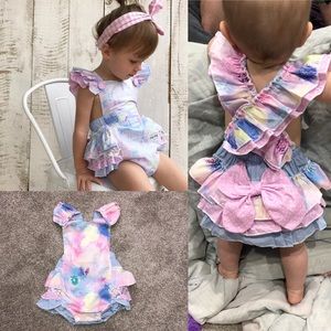 🌷Easter Outfit🌷Pink & blue Ruffle Romper w Bow